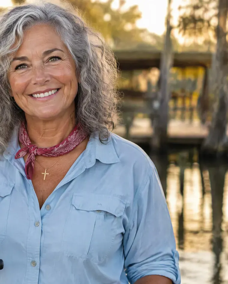 Mae Landry on her dock in the Atchafalaya Basin