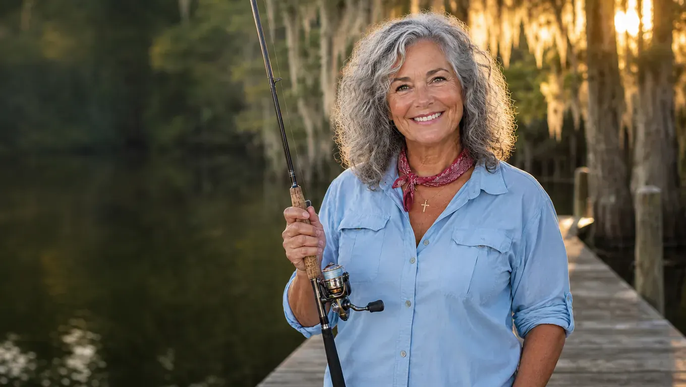 Mae Landry on her dock in the bayou