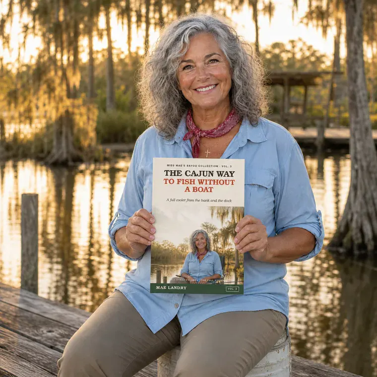 Mae Landry holding her book on her dock
